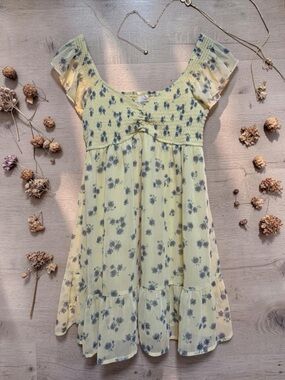 Smocked Yellow Floral Mini Dress with Flutter Sleeves